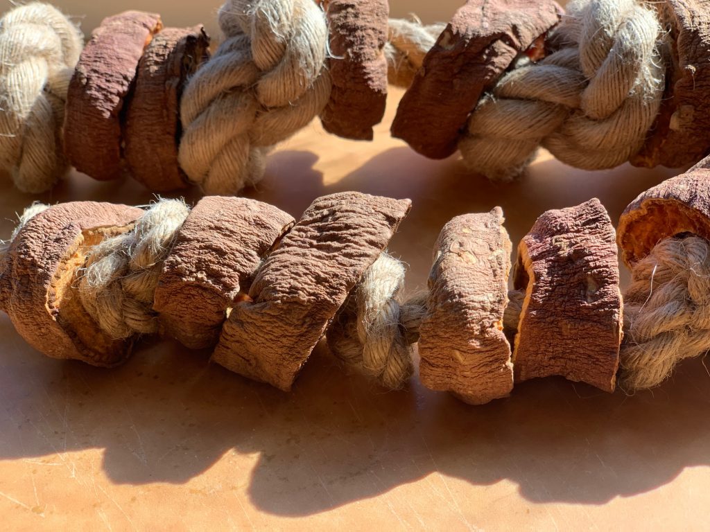 dehydrated sweet potato slices on rope for dog to chew on