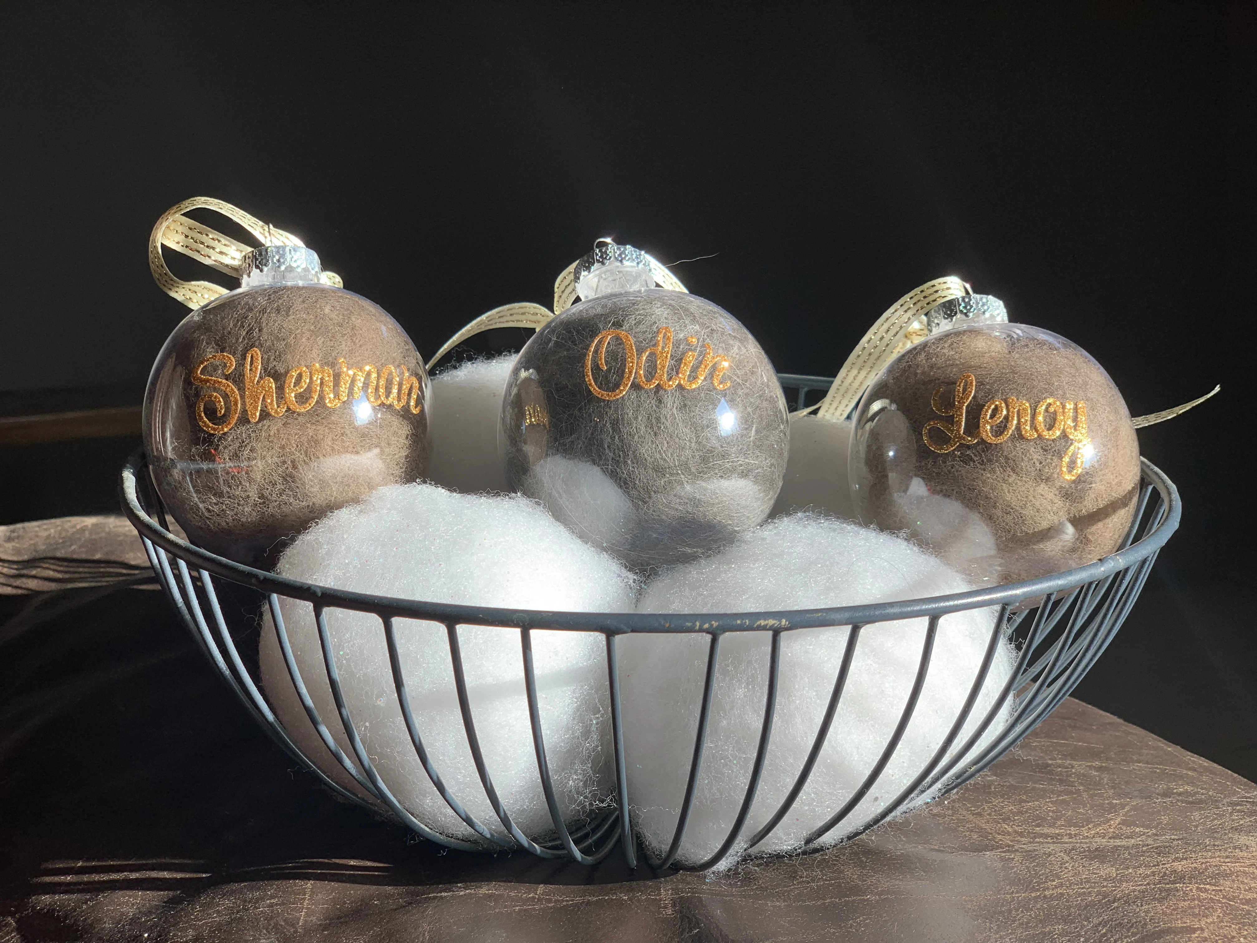 round dog ornament filled with dog fur